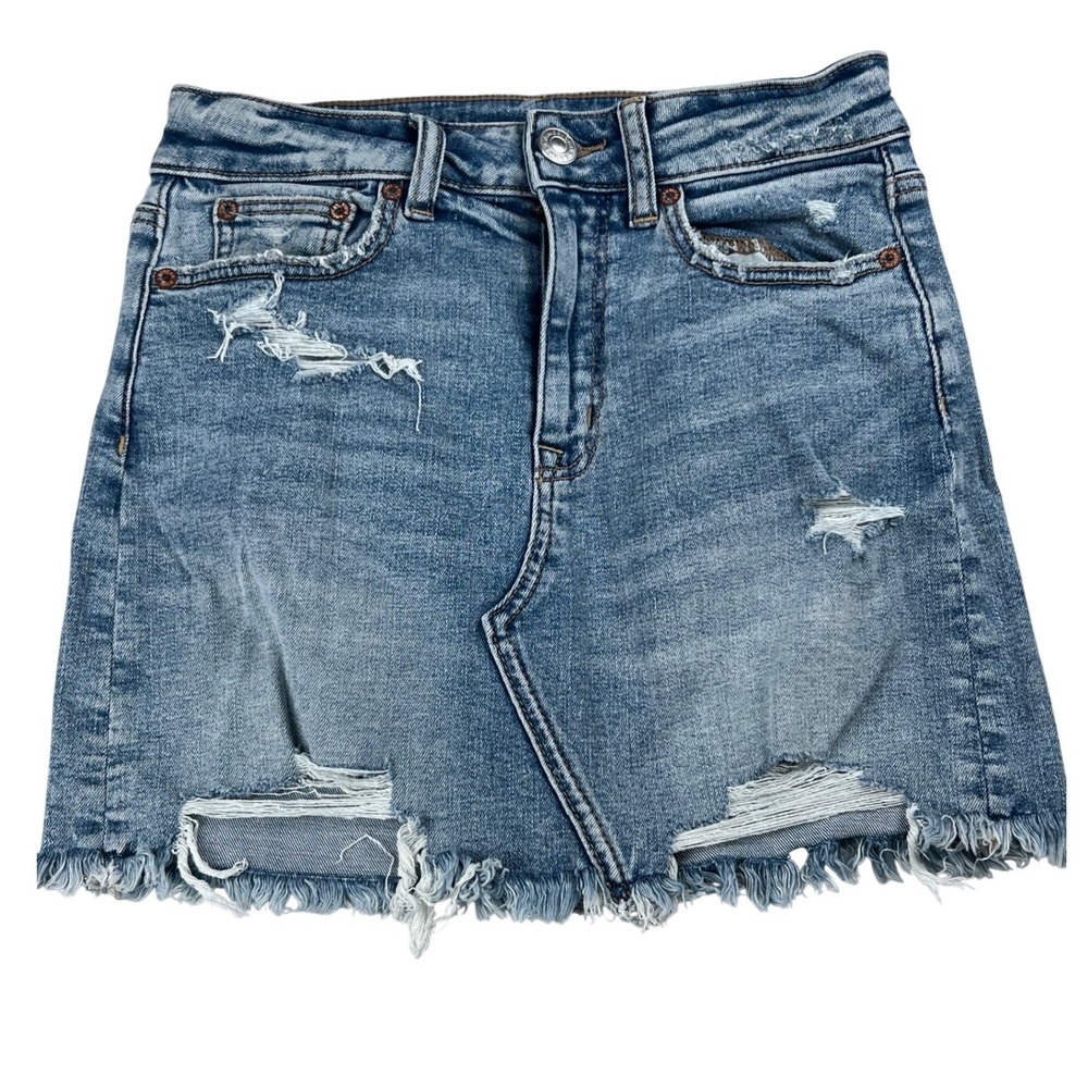 American Eagle Hi-Rise Mini Denim Skirt Size 2 Light‎ Wash Distressed Frayed Hem